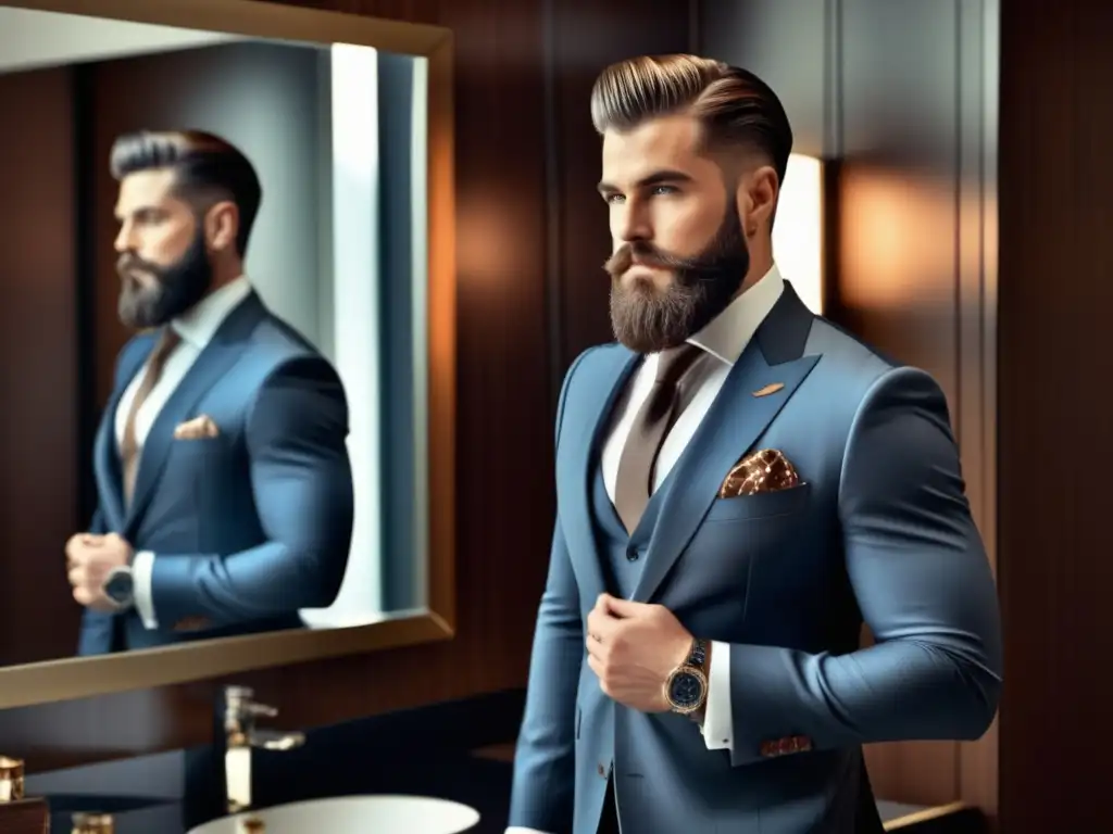 Elegante hombre reflejado en espejo, traje impecable, estilo personal inspirador