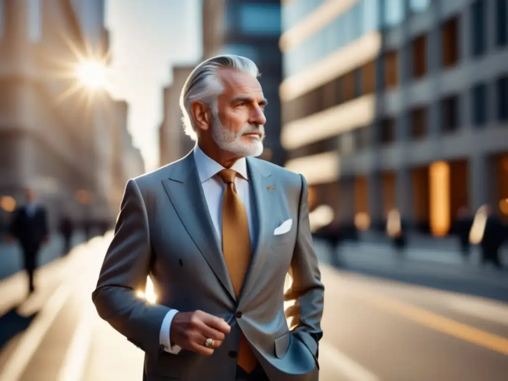 Tendencias moda hombres mayores, elegante caballero con traje, reloj y pañuelo, caminando seguro en calle moderna