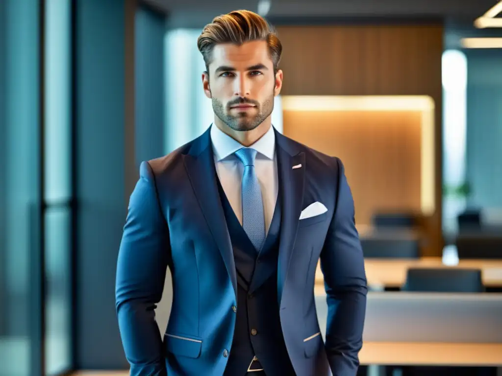 Tendencias moda masculina trabajo: Imagen de hombre profesional moderno en traje perfectamente ajustado, en una oficina minimalista y luminosa