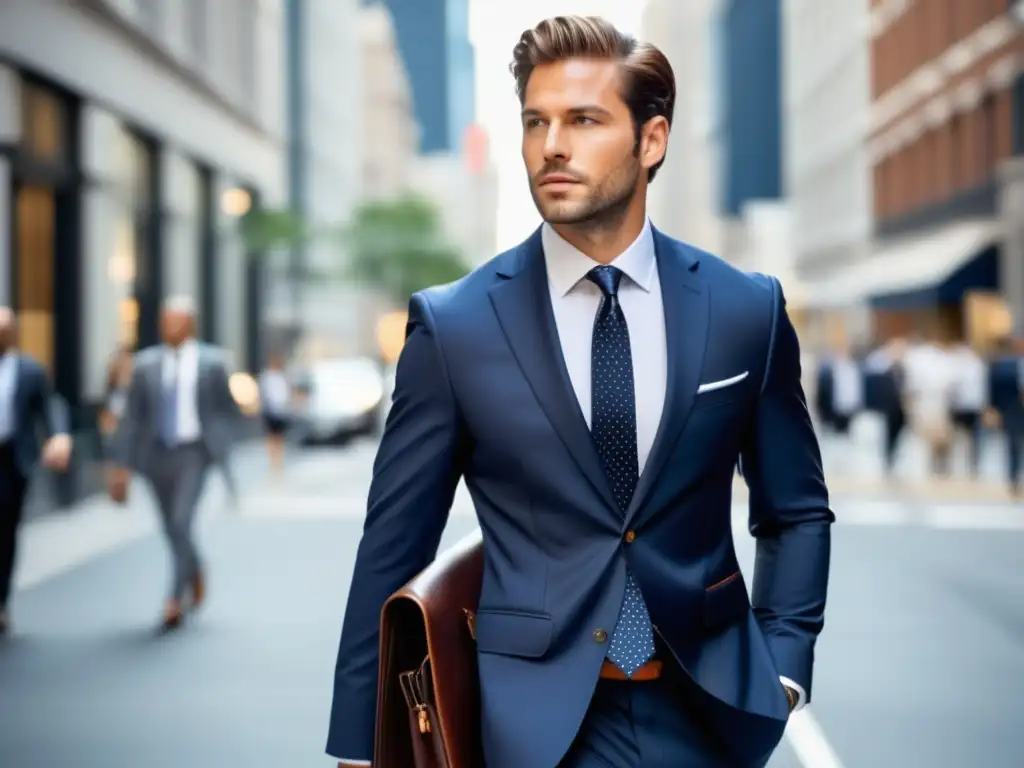 Hombre profesional con traje azul marino y accesorios de cuero, caminando confiado por la ciudad