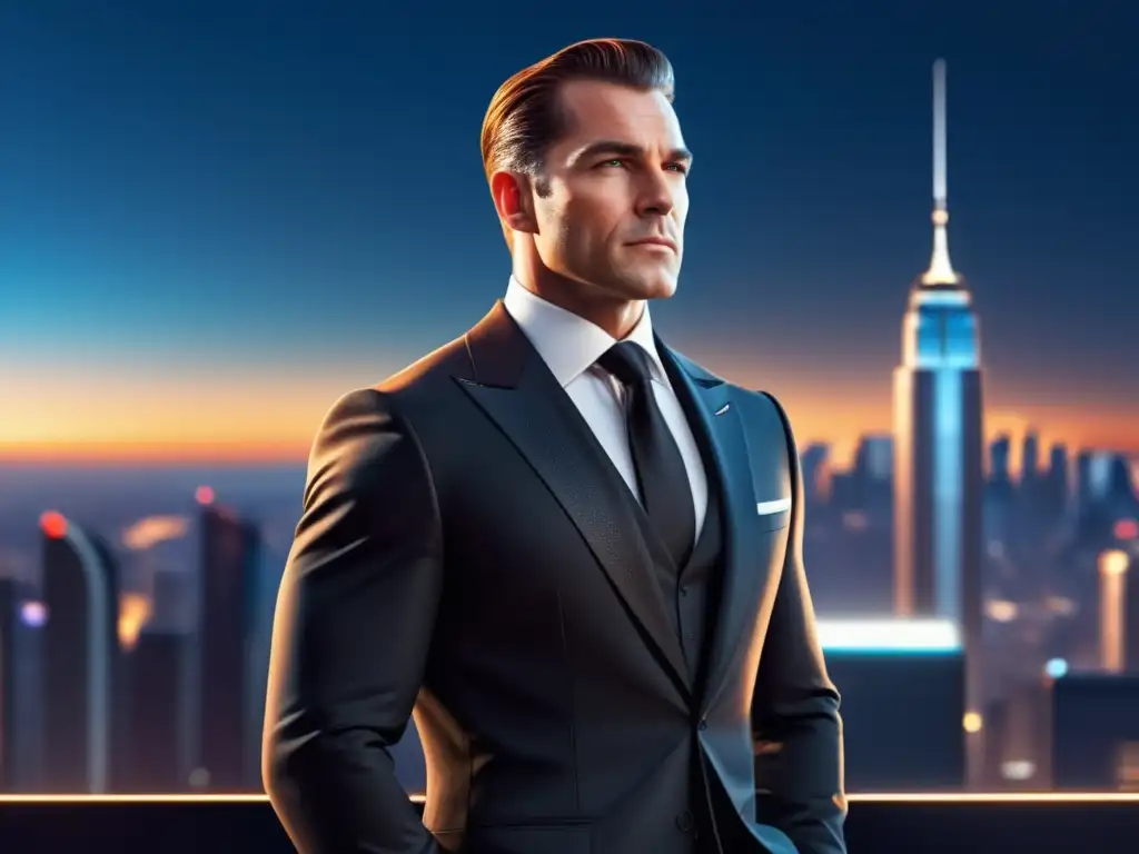 Hombre espía elegante en traje negro, con skyline de ciudad atardeciendo y tendencias moda masculina películas espías