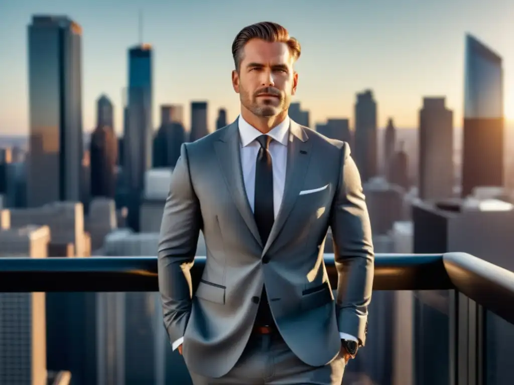 Fotografía masculina elegante, dapper hombre en ciudad urbana con traje gris, camisa blanca y corbata de seda