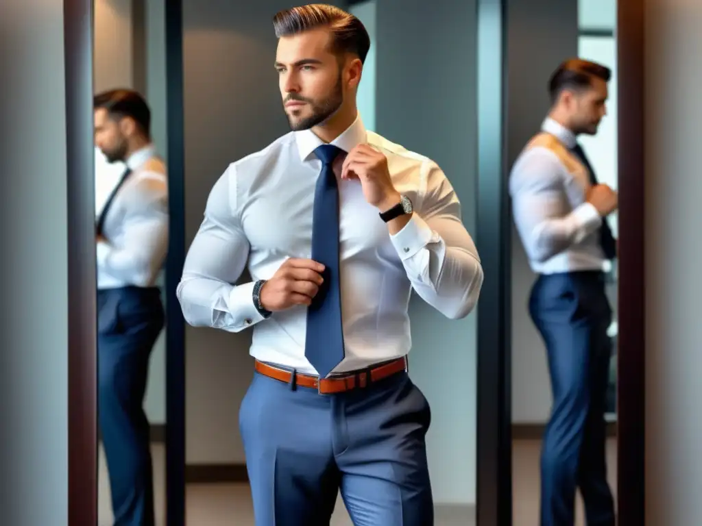 Influencia moda masculina: Hombre elegante, seguro, ajustando corbata, reflejado en espejo, ambiente minimalista