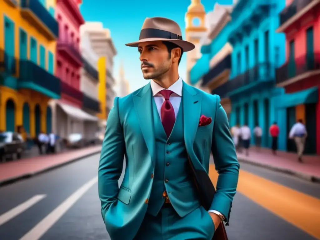 Hombre argentino elegante y confidente en una vibrante calle de Buenos Aires, fusionando historia y moda