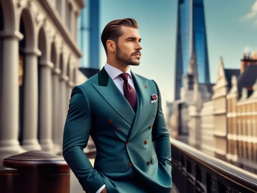 Hombre elegante estilo masculino cine, ciudad bulliciosa, traje impecable, sofisticación y encanto