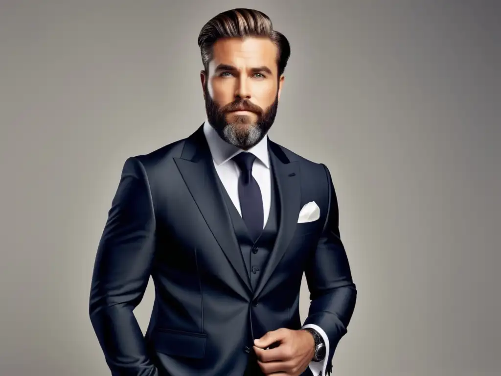 Un elegante hombre con barba bien arreglada y rasgos faciales impecables, exudando confianza y elegancia