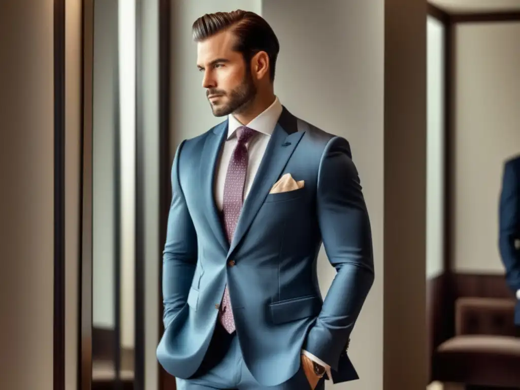 Hombre elegante ajustando corbata, reflejado en un espejo, consejos de moda para hombres