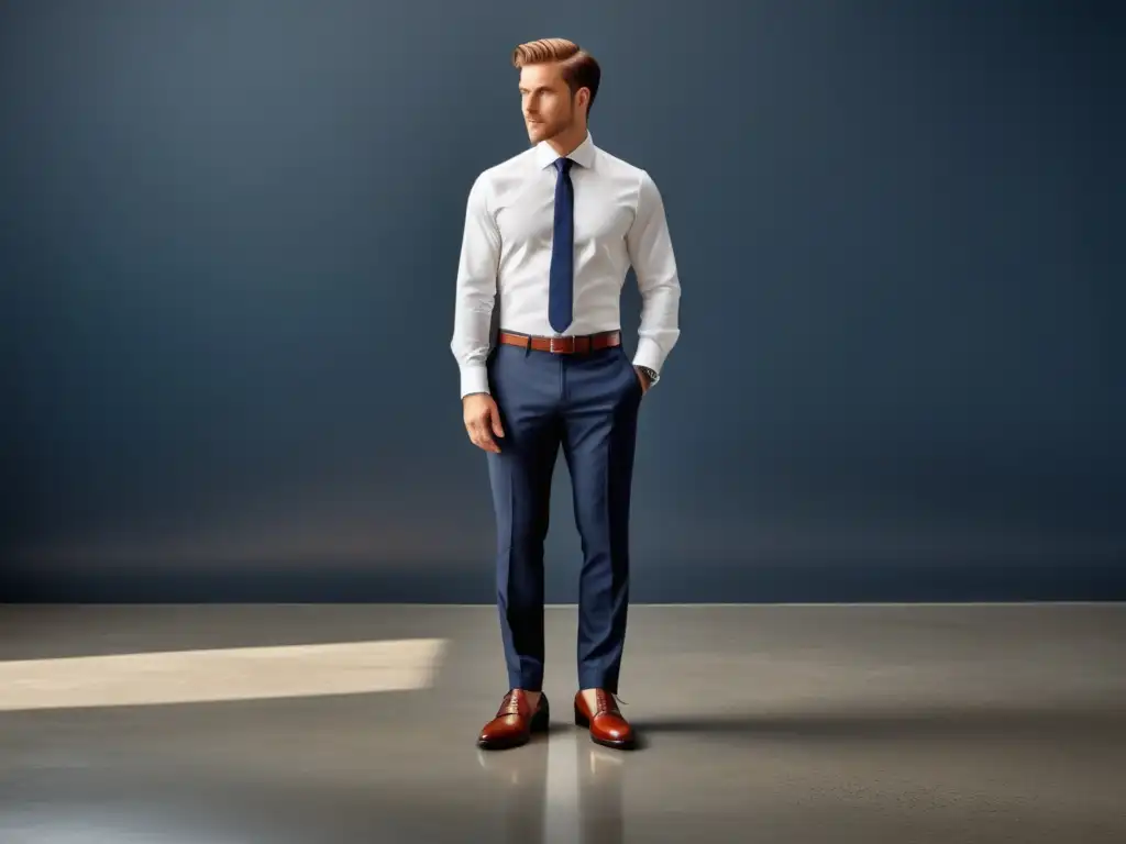 Hombre elegante con traje azul, camisa blanca y zapatos Oxford de cuero marrón combina calcetines vibrantes con diseño geométrico