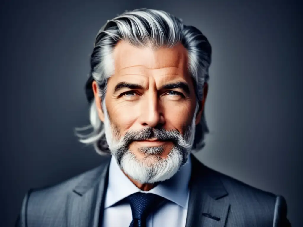 Hombre elegante con canas, barba y traje, encarna estilo y confianza