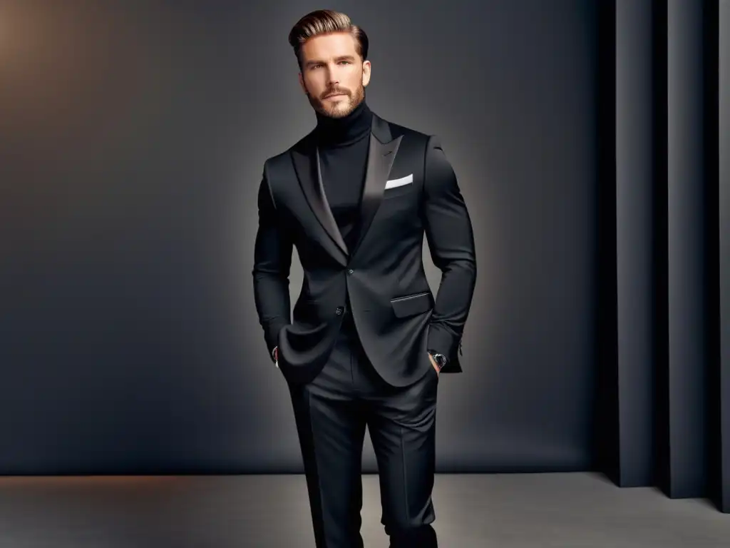 Estilos monocromáticos en moda masculina: dapper gentleman con traje negro, fondo minimalista, look moderno y sofisticado