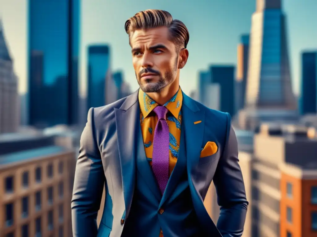 Tendencias moda hombres creativos, imagen 8k detallada de hombre con estilo moderno en ambiente urbano vibrante