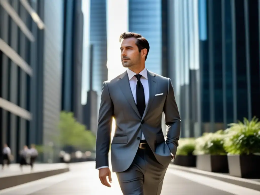 Hombre profesional moderno en traje gris camina por la ciudad - Consejos moda hombres poco tiempo