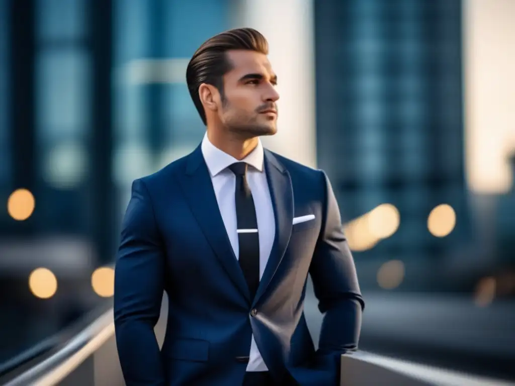 Moda inteligente para hombres: últimas tendencias - Hombre elegante en traje azul marino, destacando su estilo y sofisticación en una ciudad moderna