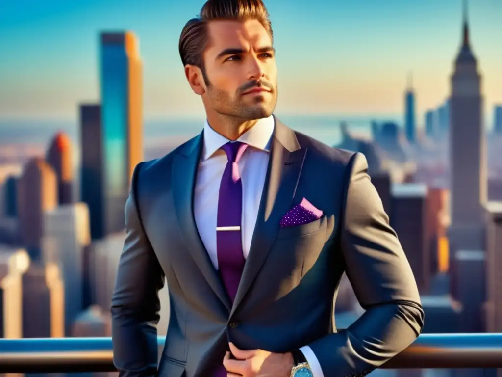 Hombre elegante con traje impecable, accesorios perfectos y confianza en la ciudad - Errores accesorios masculinos evitar