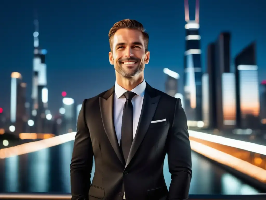 Elegancia y estilo masculino en negro: hombre moderno en traje negro, sonriendo con confianza en la ciudad al atardecer