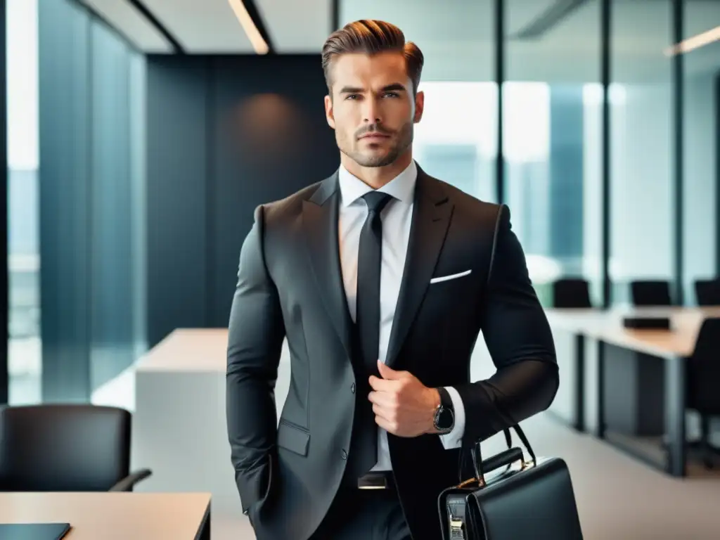 Hombre elegante en oficina moderna, traje negro ajustado y camisa blanca, sostiene maletín y smartphone