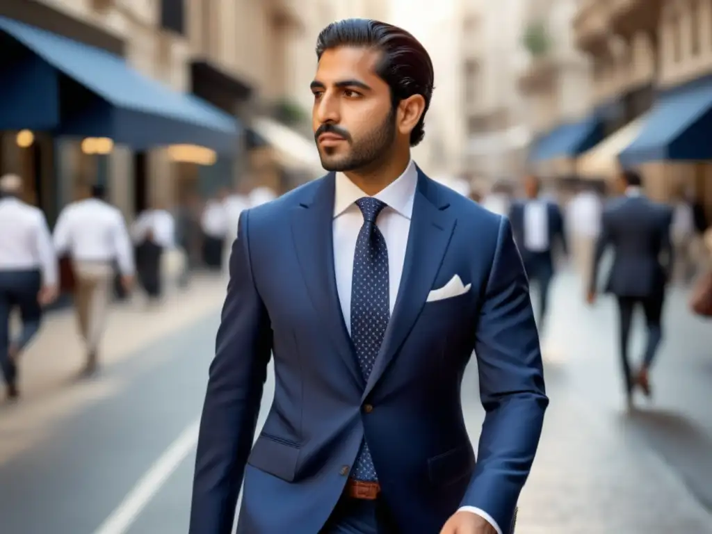 Tendencias moda masculina Oriente Medio: Hombre elegante camina por una ciudad moderna fusionando tradición y modernidad