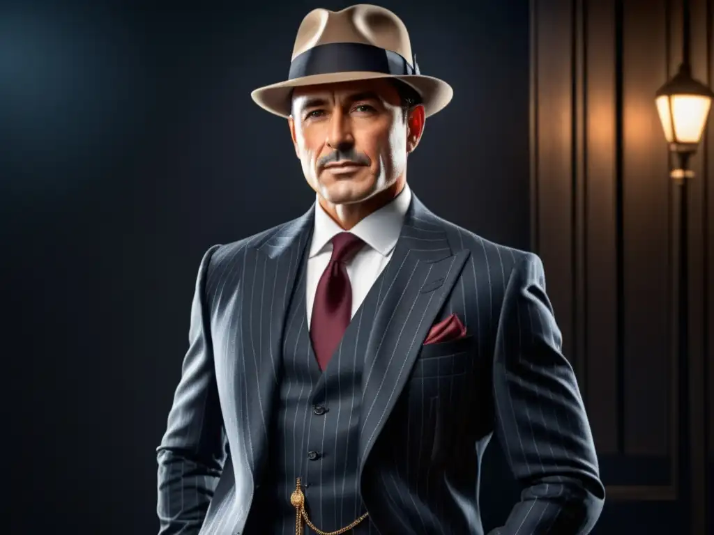 Moda masculina películas mafia contemporánea: Elegante y misterioso hombre con traje pinstripe y sombrero Fedora, en fondo oscuro y ahumado