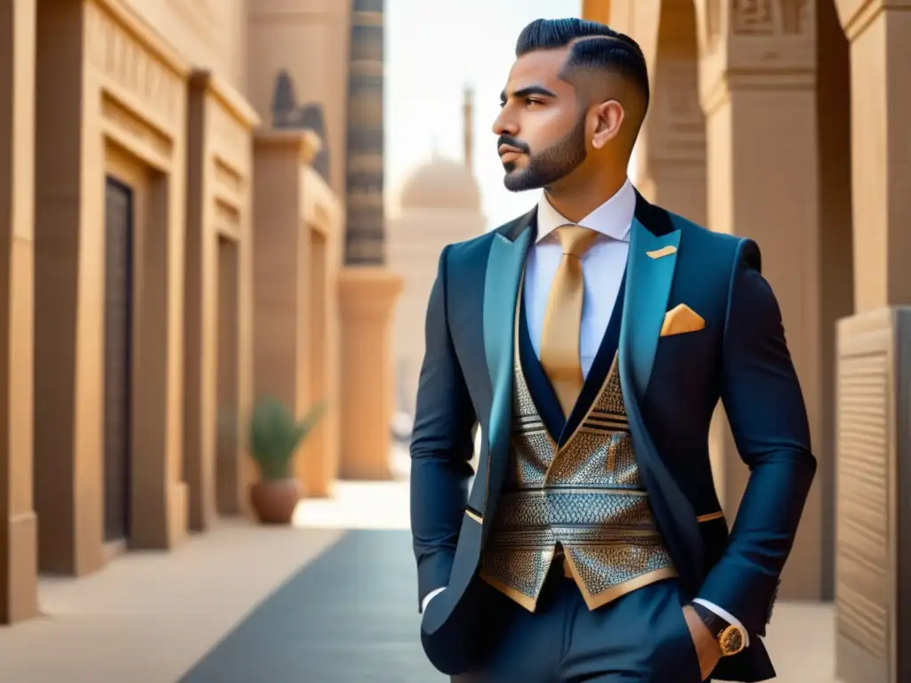 Moda masculina en Egipto: Estilo histórico y moderno - Hombre elegante con traje fusionando patrones tradicionales, pelo moderno, ciudad de fondo