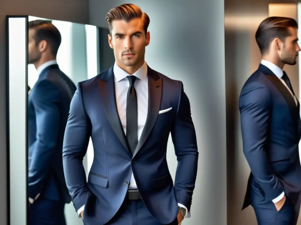 Hombre elegante en traje azul marino, camisa blanca y corbata negra