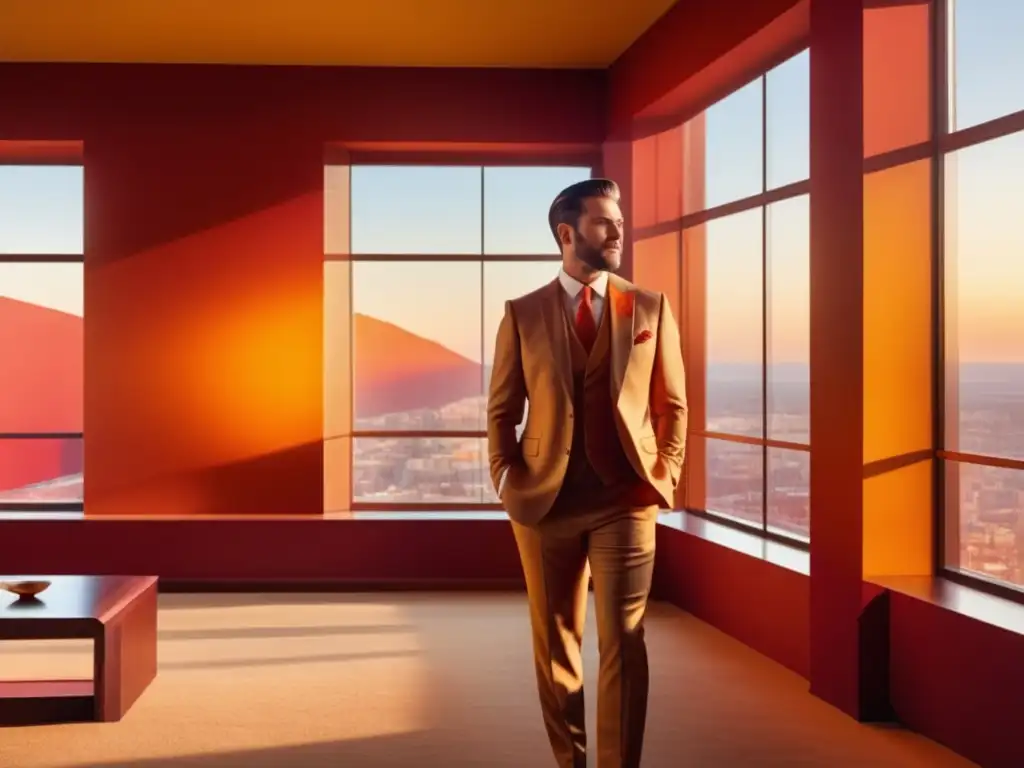 Impacto psicológico de los colores en moda masculina: hombre elegante en habitación cálida con colores vibrantes y luz dorada