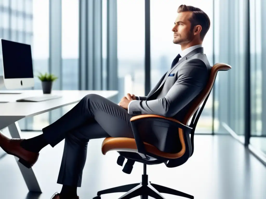 Hombre bien vestido en silla ergonómica con postura perfecta