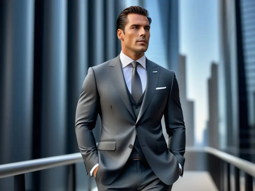 Elegancia masculina Giorgio Armani: dapper hombre con traje elegante gris carbón, camisa blanca y corbata azul sutilmente estampada