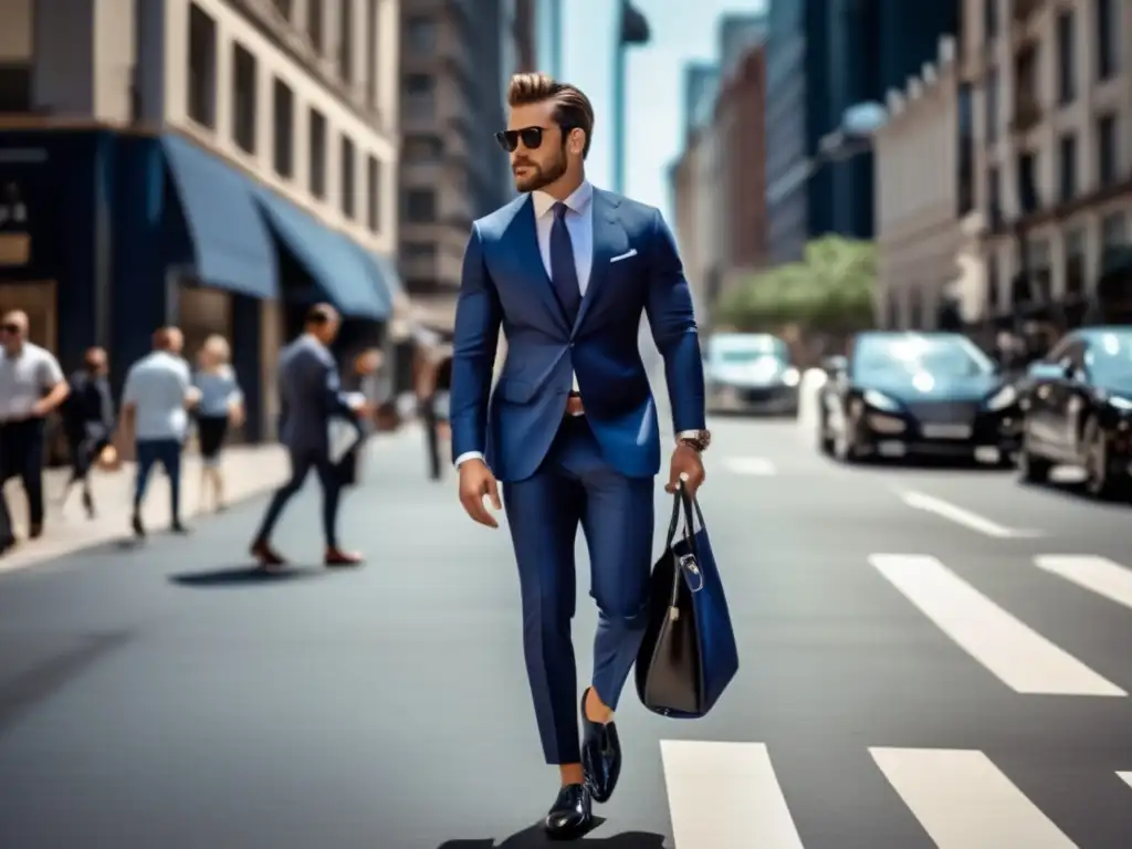 Hombre elegante caminando por la ciudad Hombre urbano con traje azul marino, camisa blanca y accesorios elegantes - Tendencias moda masculina viajes ciudad