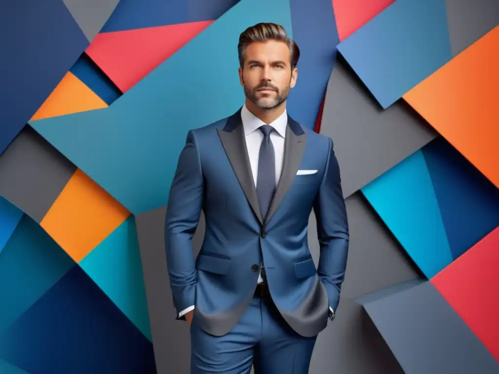 Hombre elegante en traje junto a instalación de arte abstracto, representa impacto psicológico de colores en moda masculina