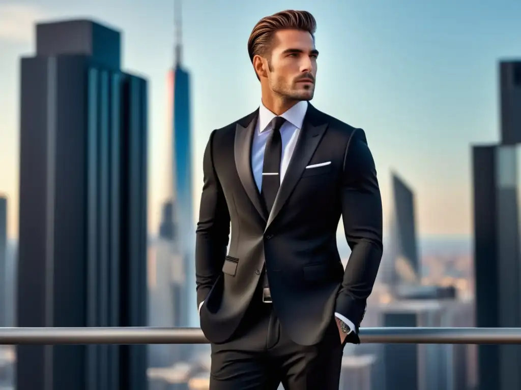 Estilo moda hombre traje negro, elegancia y sofisticación en una imagen de alta resolución