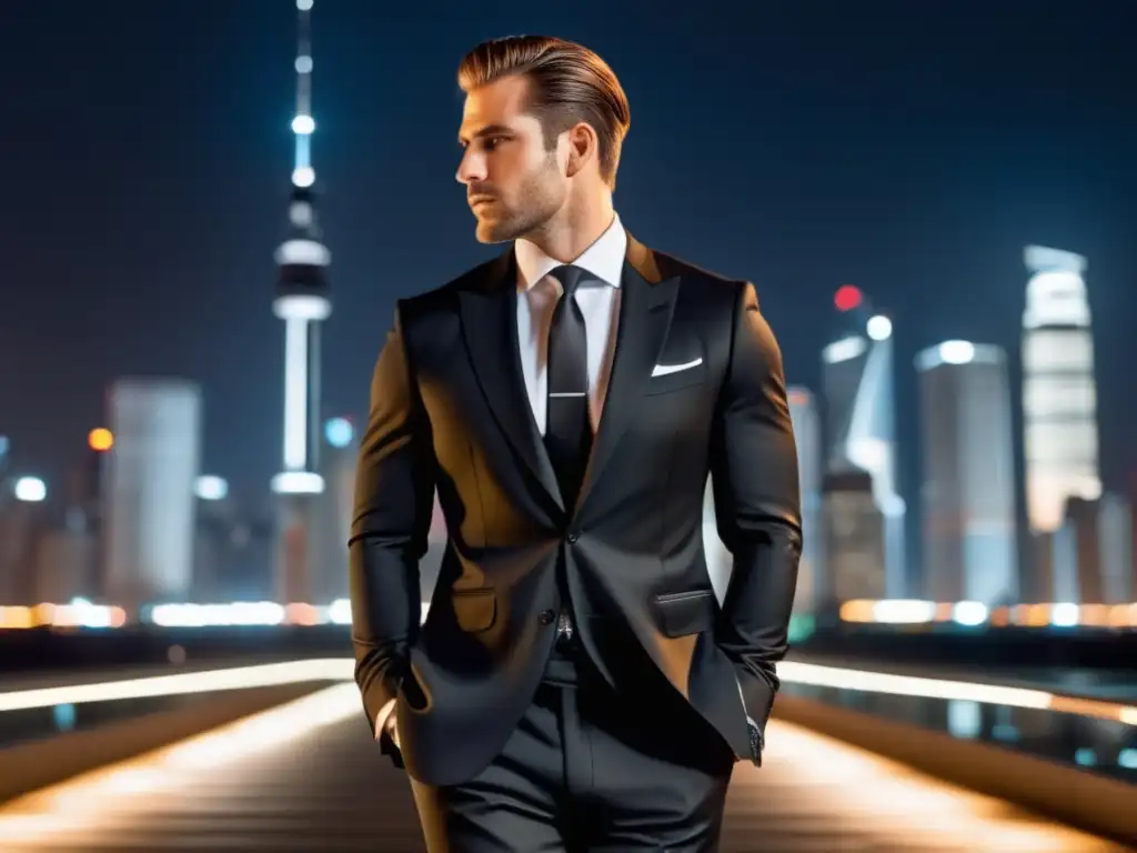 Hombre elegante en traje negro, estilo moda hombres traje negro