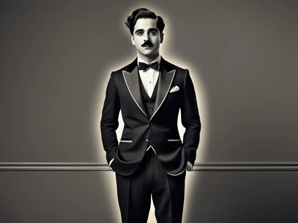 Tendencias moda masculina Chaplin: Hombre elegante en un traje negro clásico, con toques vintage y modernos