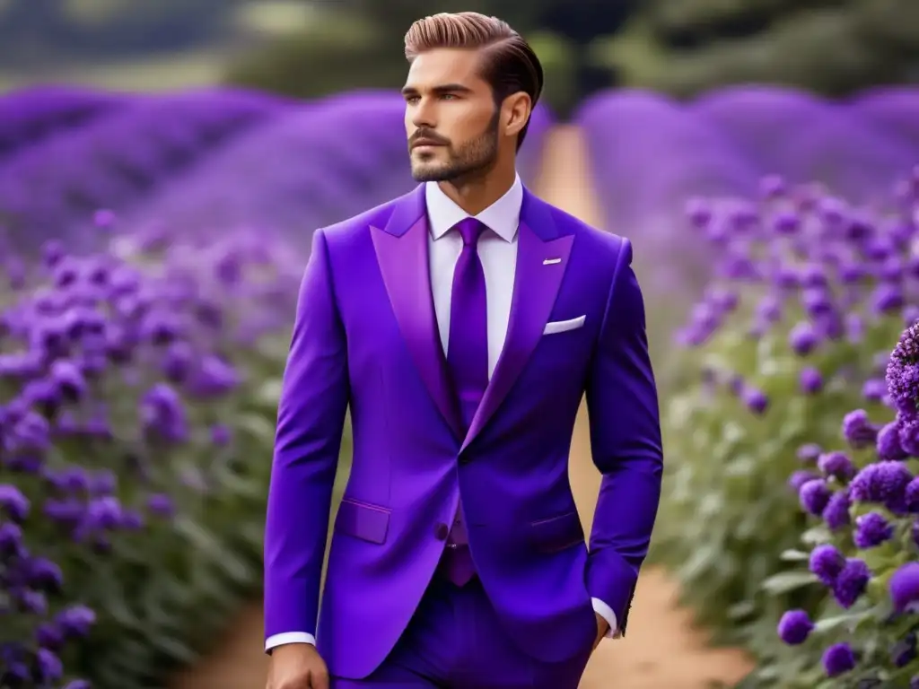 Significado del color violeta en moda masculina: modelo elegante en traje violeta, flores moradas, estilizado y seguro