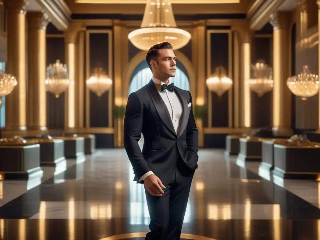 Moda masculina en The Great Gatsby: elegante hombre en tuxedo negro en una lujosa sala de baile art decó