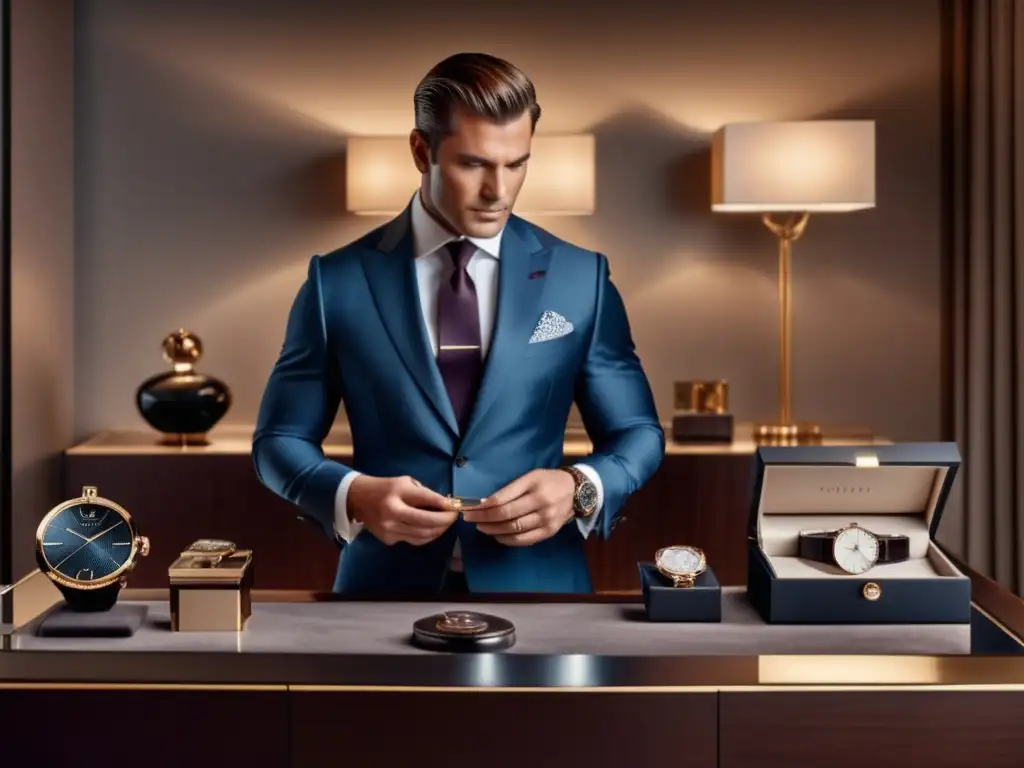 Hombre elegante con reloj y accesorios en mesa de tocador moderna