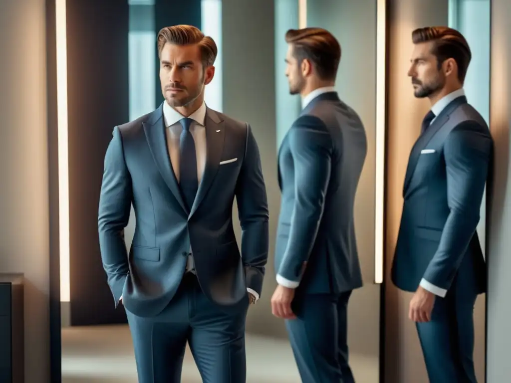 Hombre seguro en traje bien diseñado frente al espejo - Importancia diseño prendas masculinas