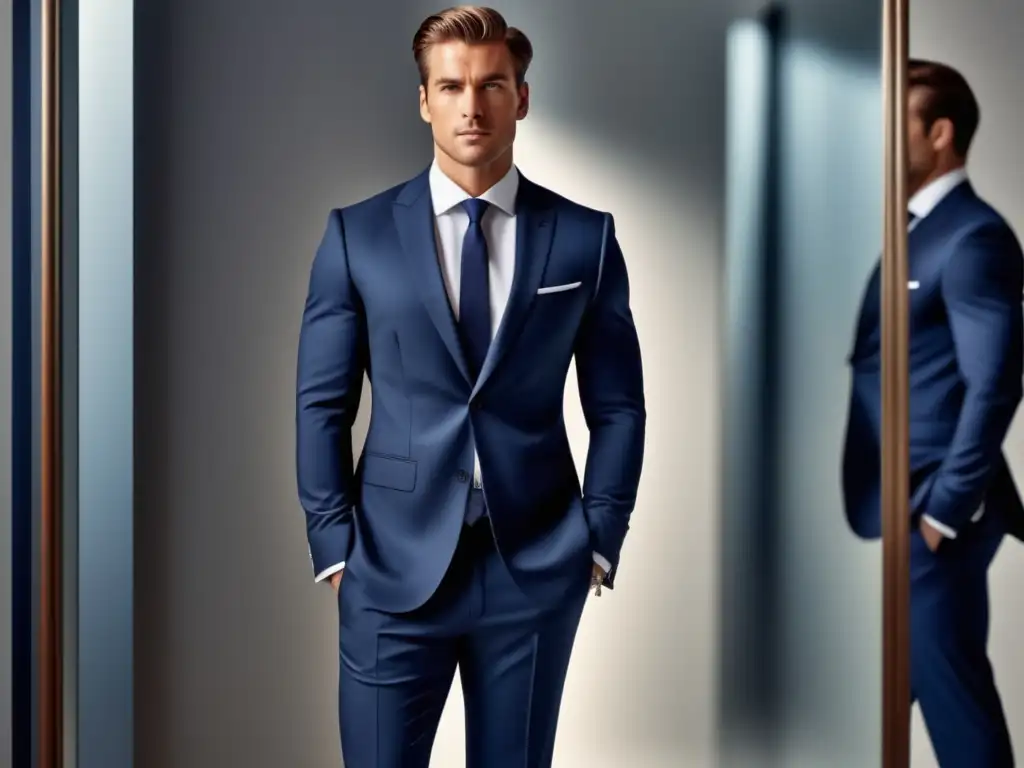 Hombre moderno en espejo, traje azul marino, estilo confiado, mejora autoestima con moda masculina