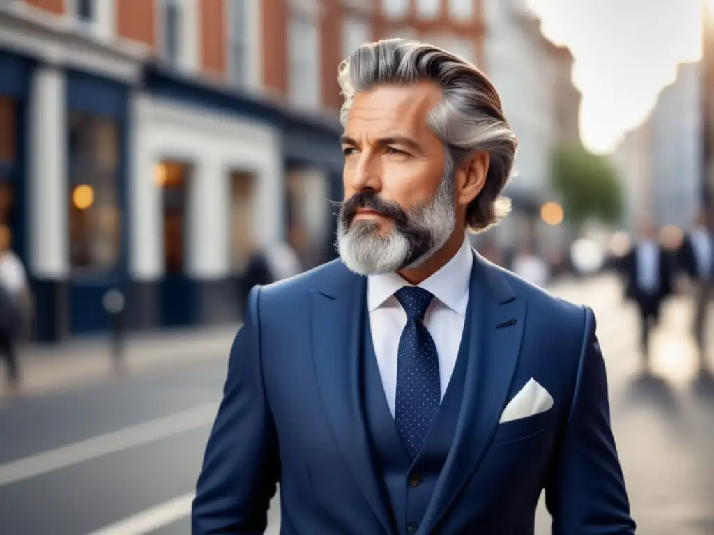 Guía estilo hombres maduros: Elegante caballero camina seguro por ciudad, luciendo traje azul marino y barba bien arreglada