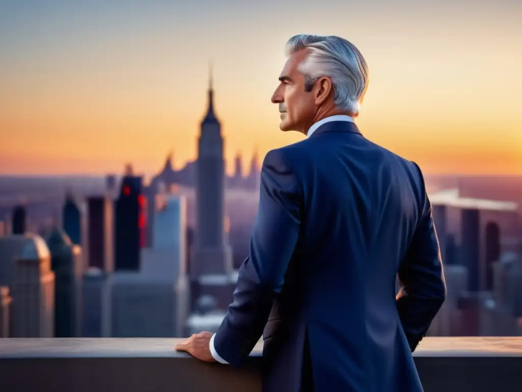 Hombre elegante en traje azul, ciudad moderna al fondo