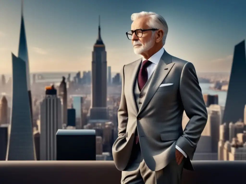 Hombre elegante en traje clásico, ciudad de fondo