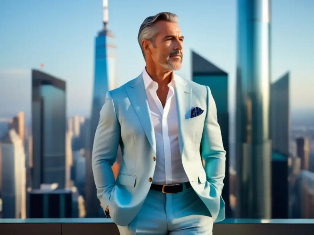 Guía estilo vestir verano hombre: Elegante y sofisticado hombre maduro en traje de lino azul claro, camisa blanca y accesorios a juego