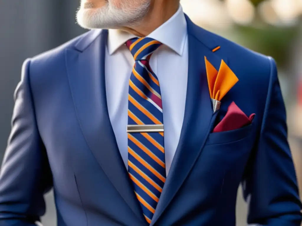 Importancia del color en hombres mayores: Elegante hombre mayor con traje azul marino, camisa blanca y pañuelo de colores vibrantes