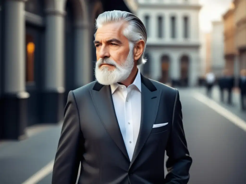 Un elegante hombre mayor en traje, con estilo y confianza en un entorno urbano sofisticado