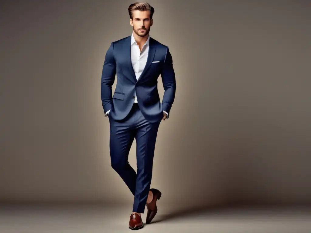 Hombre elegante en traje tailoring, equilibrio y estilo de vida ergonómico