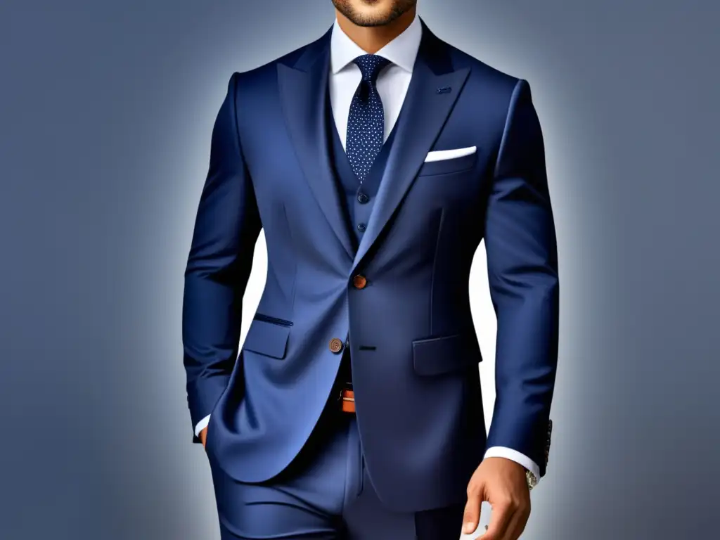 Tendencias moda masculina 2022: Hombre elegante en traje azul marino, ajustado y moderno, con camisa blanca, corbata estampada y zapatos Oxford negros