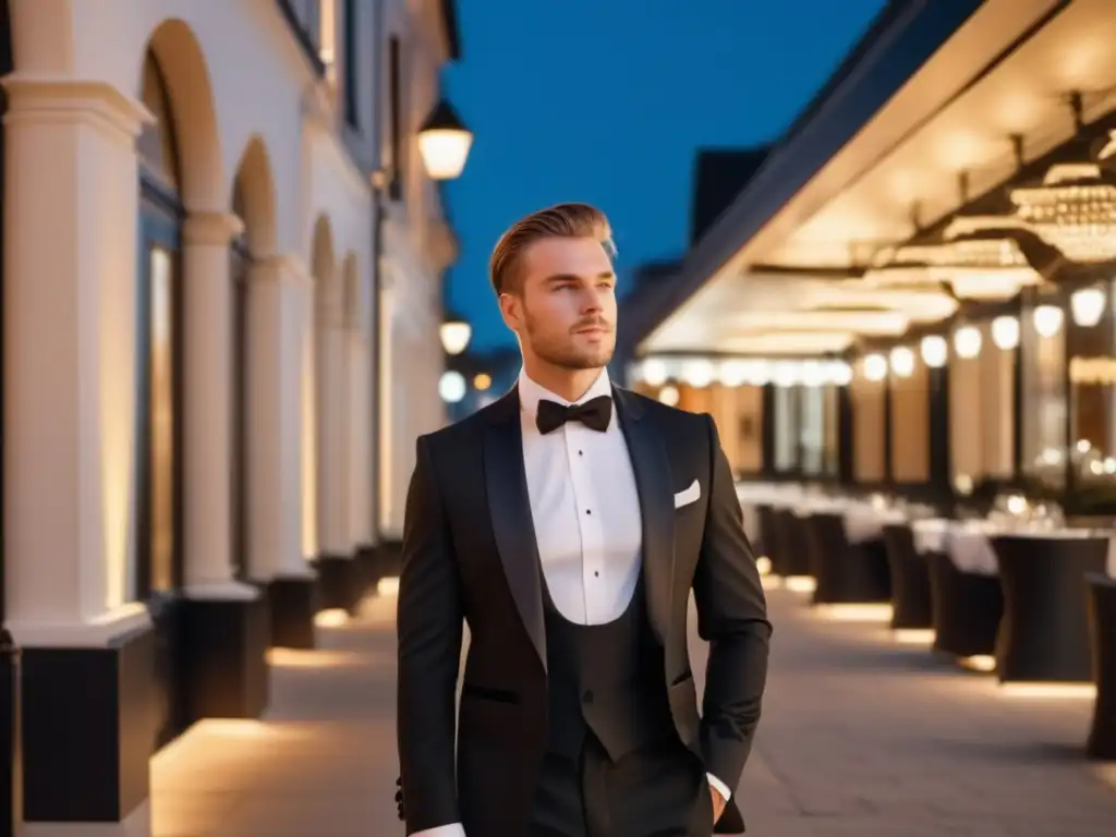 Hombre elegante frente a restaurante lujoso, listo para cena formal