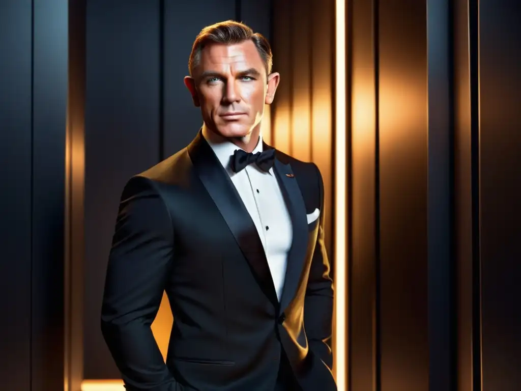 Hombre elegante, estilo James Bond, tuxedo negro, confianza, sofisticación