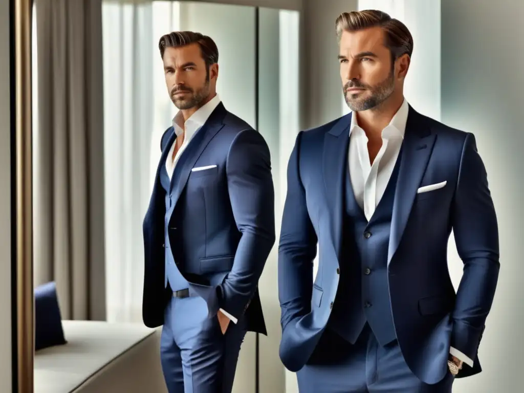 Consejos moda hombres: Elegante hombre selecciona outfit en espejo, reflejando estilo y personalidad, con atención a detalle