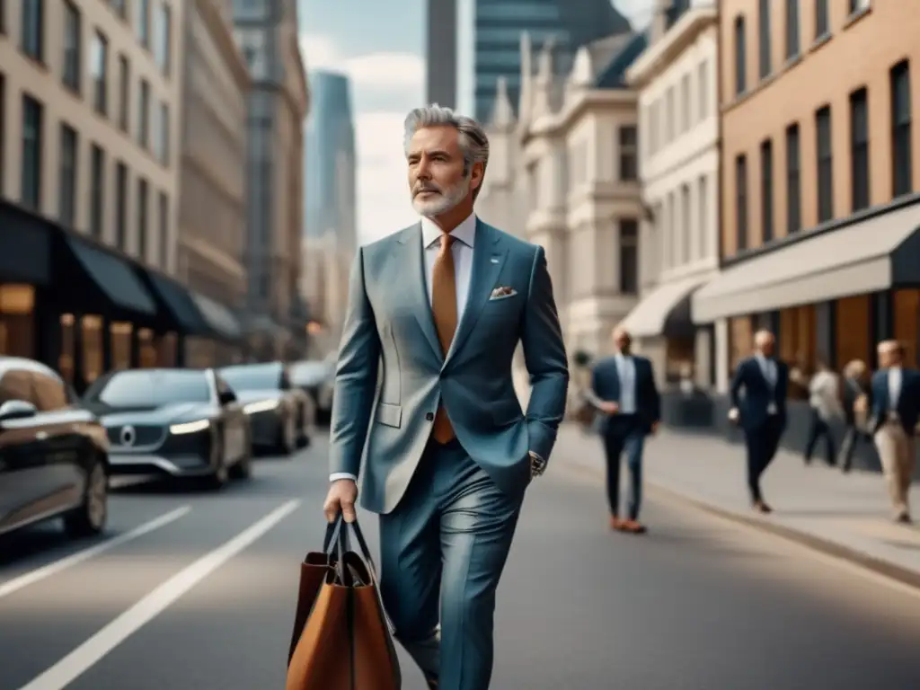 Hombre elegante en la ciudad, con traje sostenible y accesorios ecofriendly