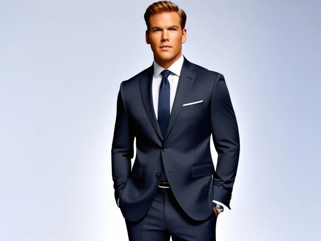 Tendencias de moda masculina Michael Kors: Hombre elegante en traje azul marino con confianza en la ciudad